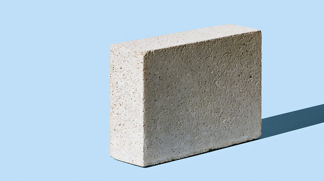 A single grey autoclaved aerated concrete block isolated on a light blue studio background, conceptual construction and building material