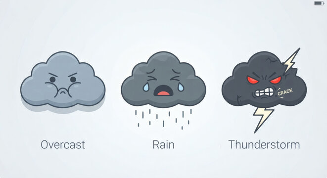 Cute cartoon weather cloud characters showing emotions of grumpy overcast crying rain and angry thunderstorm lightning