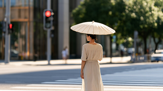 A woman stand with white umbrella on city street crossing in afternoon sun, rear view of graceful person wait at crosswalk in metropolis