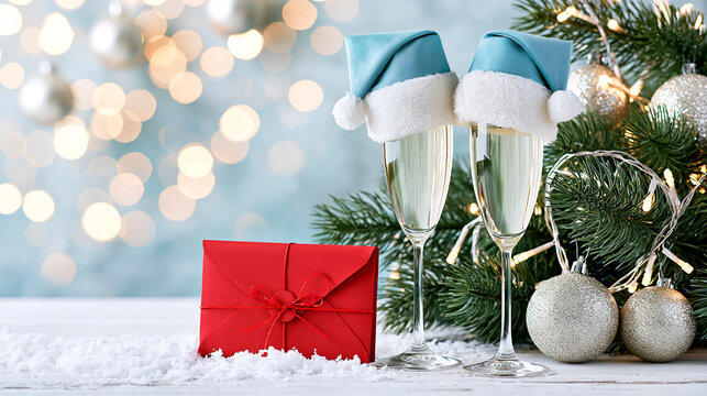  Glasses of champagne, Santa's hat, envelope, Christmas tree branch with balls, beautiful holiday background