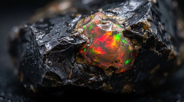 Extreme macro close-up of a brilliant raw fire opal glowing with red and gold colors embedded inside a wet dark rough rock