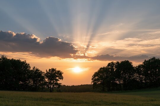 Sun rays breaking through clouds over rural tree line at dusk