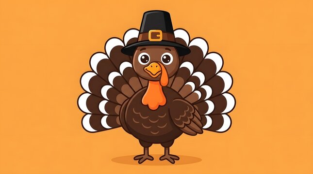 Cute cartoon turkey wearing a pilgrim hat on a vibrant orange background