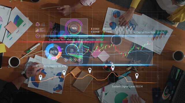 A dynamic scene showcasing a diverse business team engaged in collaboration, analyzing data metrics and digital charts to inform strategic decisions in a modern office setting. Raster