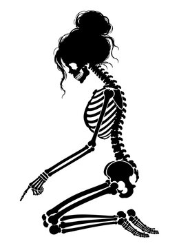 Kneeling female skeleton reaching down, elegant gothic Halloween vector illustration