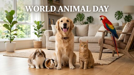 Plakat Happy pets sitting together for world animal day celebration
