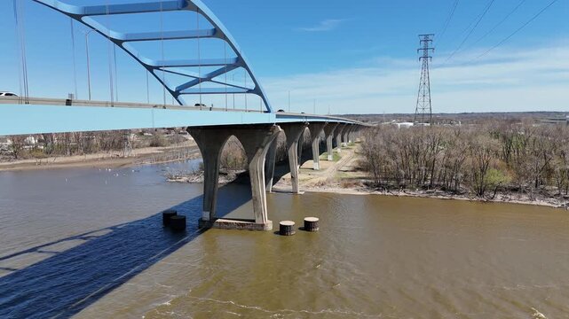Aerial of leo frigo bridge in early spring over the fox river green bay wisconsin.