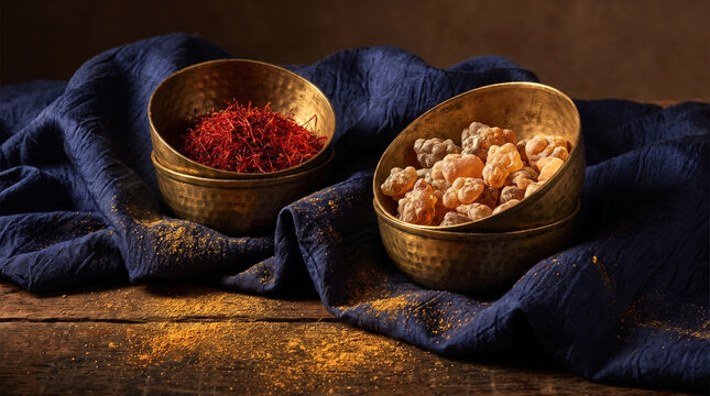 Moody still life of exotic red saffron threads and golden frankincense resin in antique brass bowls on dark blue fabric