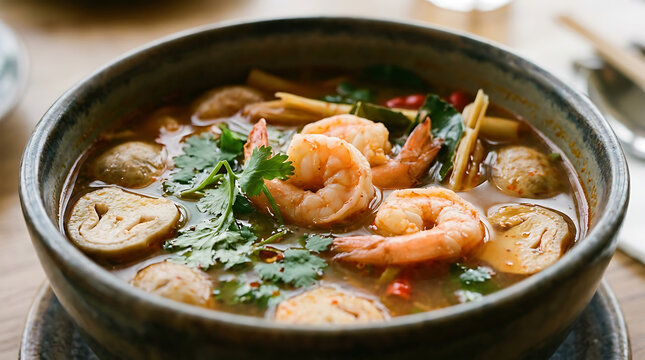 Traditional thai tom yum soup with shrimp and mushrooms in a rustic bowl