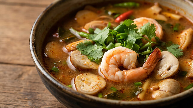 Spicy thai tom yum soup with prawns and herbs served in a dark ceramic bowl