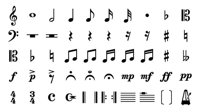 Musical Notation Symbols: A comprehensive collection of musical notation symbols, including clefs, notes, rests, sharps, flats, and dynamics, arranged for clarity and educational use.