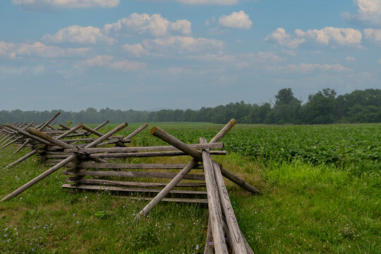 History and Landscape: Wooden Worm Fence Bordering Green Agricultural Fields at Gettysburg National Military Park, Pennsylvania