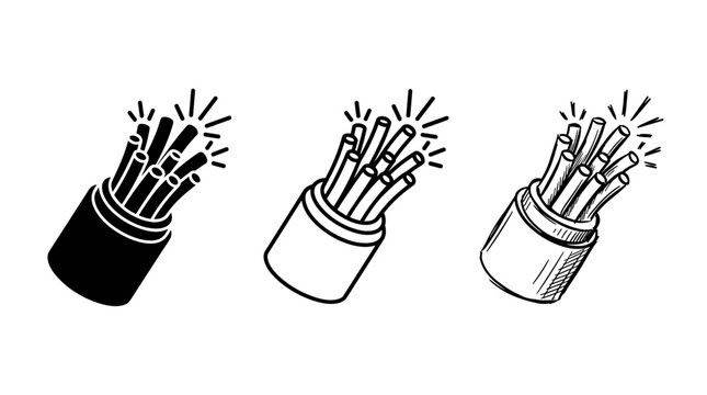 Three styles of fiber optic cables emitting data, depicted as a cable bundle with glowing ends
