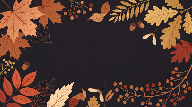 Elegant autumn botanical frame with richly colored maple leaves, golden oak foliage, acorns, berries and delicate seed pods arranged around a large empty center on a matte black backdrop