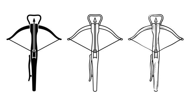 Loaded crossbow with arrow vector illustration in three variations including solid silhouette, clean outline vector line art, and hand drawn hatched sketch style