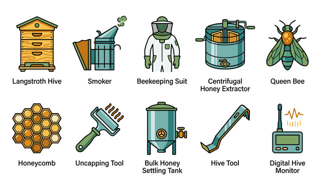 Labeled beekeeping equipment vector icon set with beehive smoker suit extractor queen bee and tools