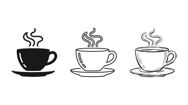 Vector icons representing a hot cup of coffee or tea on a saucer with rising steam, shown in three distinct graphic styles: solid black silhouette, clean line art outline, and detailed hand-drawn sket