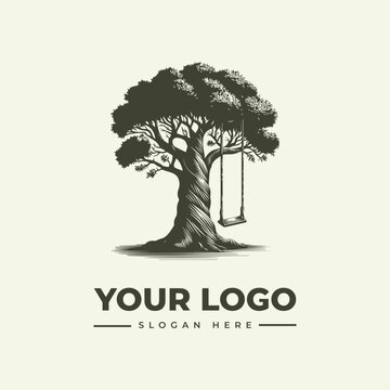 Vintage style hand drawn oak tree logo design with a hanging wooden swing.