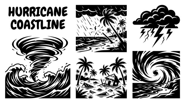 hurricane coastline scenery featuring fierce winds storm surges towering waves rain soaked beaches swaying coconut palms dark skies coastal erosion and dramatic tropical landscapes vector climate