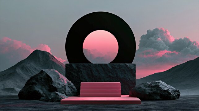 Surreal black circular arch monument above pink steps and mountains at sunset in moody geometric landscape for branding and poster design.

