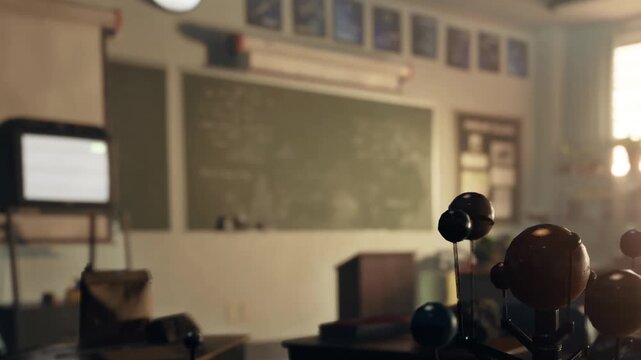 A cozy classroom filled with excitement showcases a colorful planet model on a desk. An old skeleton stands silently, while a chalkboard awaits knowledge at dusk.