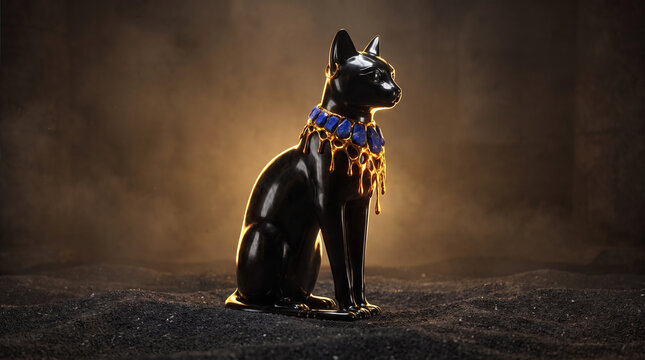 Luxurious studio shot of a black Egyptian Bastet cat statue adorned with a melting gold and lapis lazuli necklace on black sand