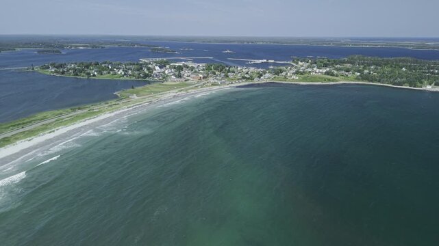 White sands and emerald shores await visitors to the scenic splendour of Crescent Beach & adjacent fishing village and harbour  Lockeport, Nova Scotia, Canada. MAX QUAL PRORES422HQ 4K HLG HDR BT.2100.