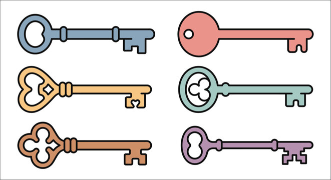 Collection of colorful vintage keys presented as a vector illustration on a white background antique