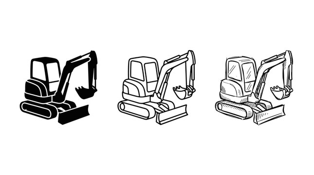 Mini Excavator Construction Machine Vector Set in Glyph, Outline, and Sketch Styles