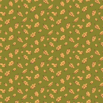 Autumn Oak Leaves Seamless Pattern in Golden Orange on Green Background