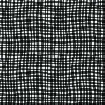 Black and White Gingham Seamless Pattern with Hand Drawn Wavy Checkered Lines