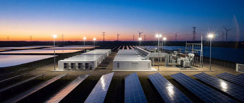 Battery storage system at solar farm with industrial container units, high-voltage electrical substation, wind turbines, and photovoltaic panels during scenic sunset twilight