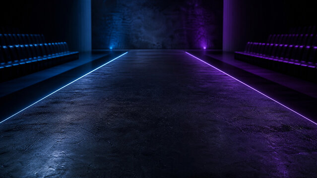 Futuristic fashion runway with neon lights, empty catwalk stage in dark studio, blue and purple glowing podium background