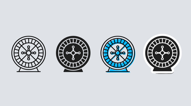 Standing roulette wheel vector icon set in outline solid black blue highlight and sticker styles