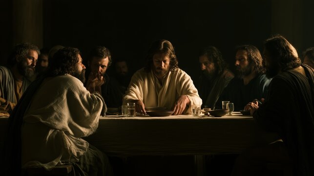 Jesus at the Last Supper with his twelve disciples in a dimly lit room during biblical times