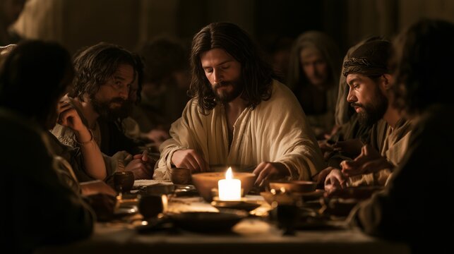 Jesus at the Last Supper seated at a table with his twelve disciples discussing their final meal together in Jerusalem before his crucifixion