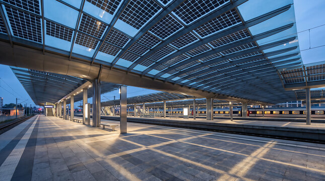 Curved architectural solar glass canopy on modern transit platform structure