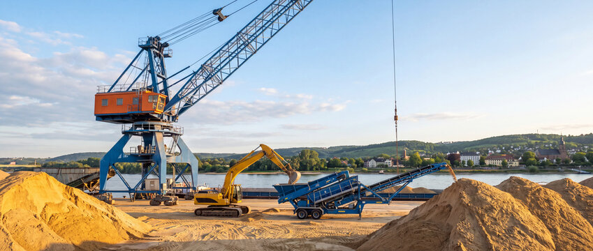Harbor crane and excavator loading sand at an industrial river port terminal with conveyor machinery, gravel mounds, and waterway background for logistics and construction concepts