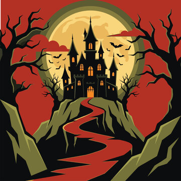 Spooky haunted castle silhouette standing on a dark hill under a mysterious night sky for halloween design