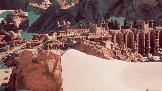 Amidst towering rocks and golden sands, a majestic structure emerges, whispering tales of a long lost civilization. Warm sunlight accentuates the intricate carvings and faded beauty.