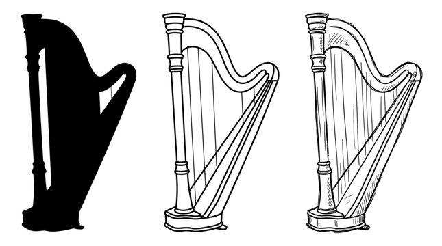 Three classical harp vector icons set in silhouette line art and sketch style