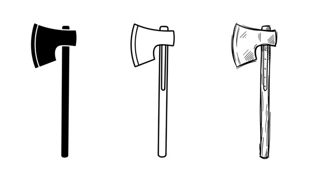 Set of three medieval executioner axe icons displaying solid silhouette line art and hand drawn sketch styles isolated on white background