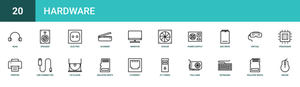Set of 20 outline web Hardware icons such as mouse, isolated on white background. Illustration from hardware collection.., keyboard, vga card, pc tower, ethernet, isolated on white background.