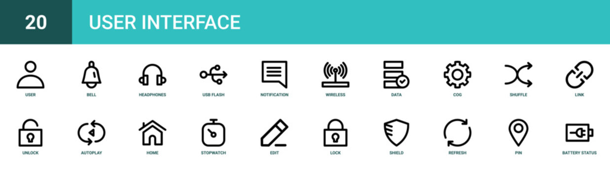 Set of 20 outline web User Interface icons such as battery status, pin, refresh, shield, lock, edit, stopwatch vector icons for report, presentation, diagram, web design, mobile app
