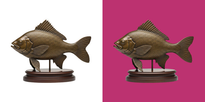Bronze decorative fish statue on wooden stand transparent png