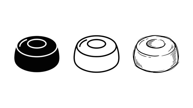 Three stylized caramel drop candy icons rendered in solid silhouette, clean outline, and sketchy hand drawn styles isolated on white.