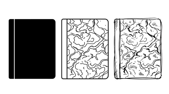 Set of three stylized composition notebook icons isolated on white background in silhouette, line art, and sketch style.