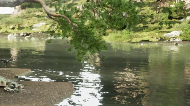 Gentle ripples dance on the waters surface as lush greenery borders the river. Birds glide gracefully while sunlight casts a warm glow on the peaceful landscape.