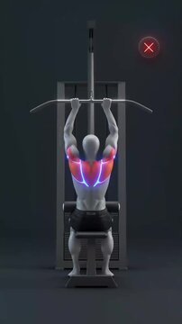 Lat pulldown exercise demonstration showing correct form and improper elbow positioning in an animated fitness tutorial video for gym training