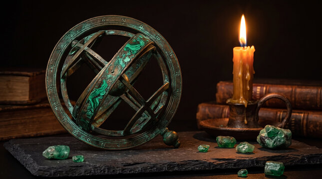 Dark academia still life of an antique brass armillary sphere with malachite inlay beside a lit candle and old books